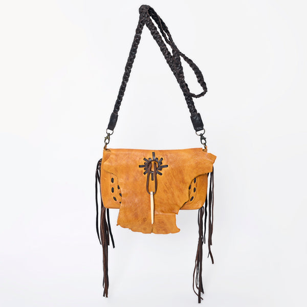 LC-ADBGM254 Raw-Edge Leather Western Crossbody Bag - Fringe Saddle Purse with Horn Toggle & Braided Strap