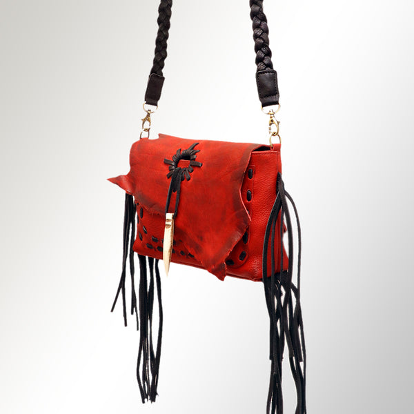 LC-ADBGM254 Raw-Edge Leather Western Crossbody Bag - Fringe Saddle Purse with Horn Toggle & Braided Strap