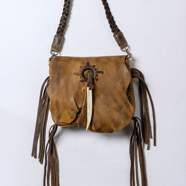 ADBGM255 Leather Western Crossbody Bag - Fringe Purse with Horn Toggle & Braided Strap