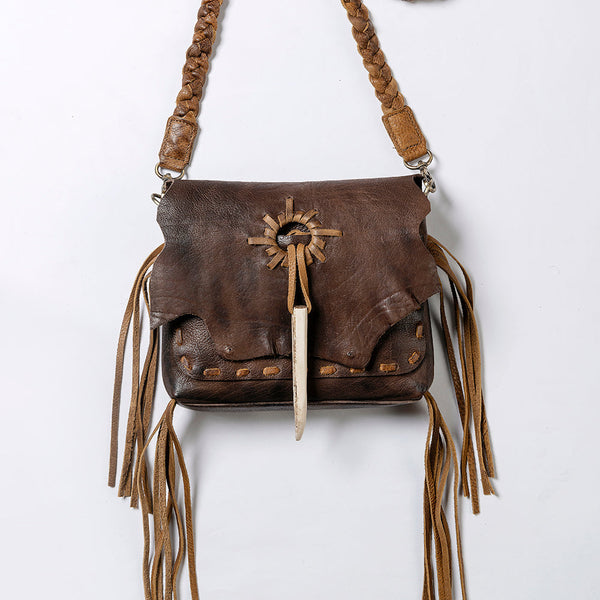 ADBGM255 Leather Western Crossbody Bag - Fringe Purse with Horn Toggle & Braided Strap