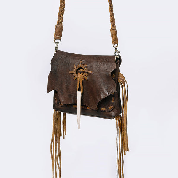 ADBGM255 Leather Western Crossbody Bag - Fringe Purse with Horn Toggle & Braided Strap