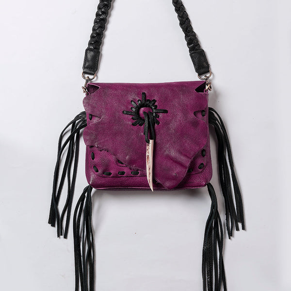 ADBGM255 Leather Western Crossbody Bag - Fringe Purse with Horn Toggle & Braided Strap