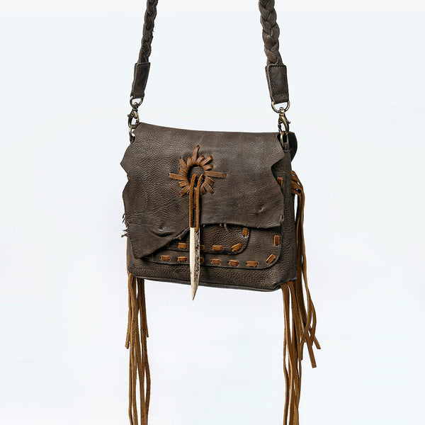 ADBGM255 Leather Western Crossbody Bag - Fringe Purse with Horn Toggle & Braided Strap