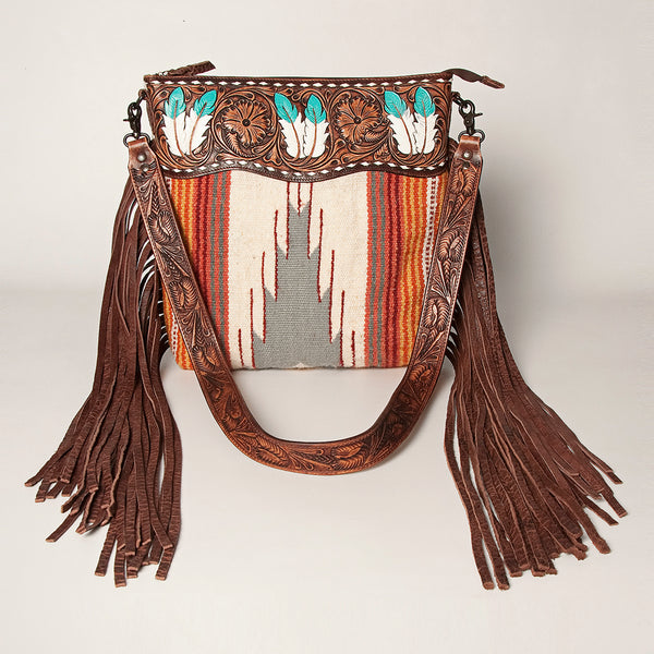LC-ADBGZ365A Tooled Leather & Turquoise Feather Crossbody Bag - Tribal Wool & Fringe Western Purse