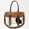 ADBGZ200 Tooled Leather & Cowhide Tote Bag with Fringe - Western Handbag with Shoulder Strap