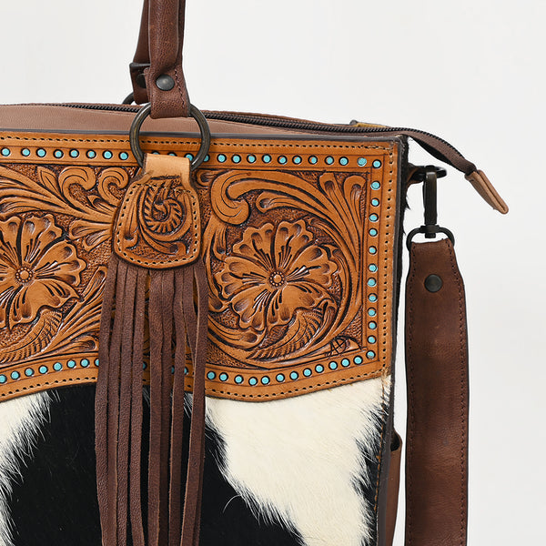 ADBGZ200 Tooled Leather & Cowhide Tote Bag with Fringe - Western Handbag with Shoulder Strap
