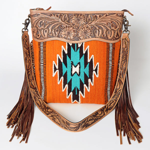 ADBG510 Tooled Leather & Saddle Blanket Crossbody Bag Western Fringe Purse - American Darling