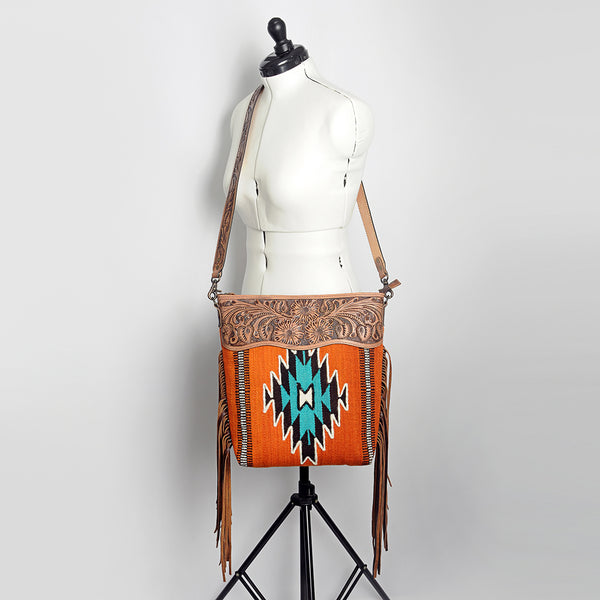 ADBG510 Tooled Leather & Saddle Blanket Crossbody Bag Western Fringe Purse - American Darling