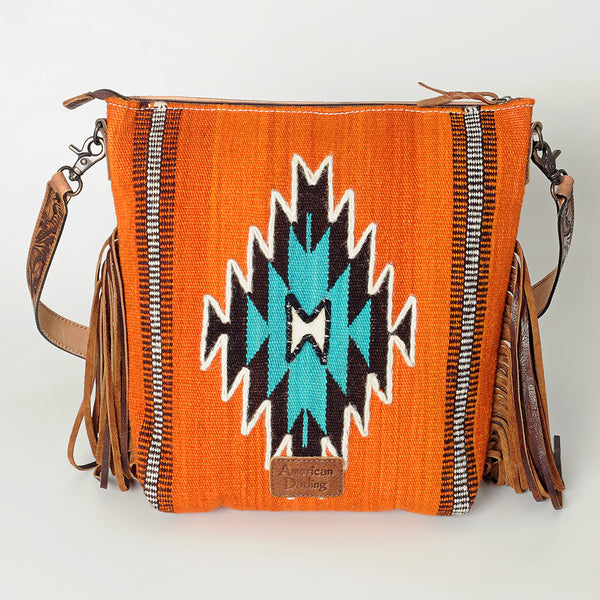 ADBG510 Tooled Leather & Saddle Blanket Crossbody Bag Western Fringe Purse - American Darling