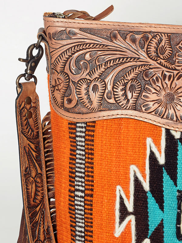 ADBG510 Tooled Leather & Saddle Blanket Crossbody Bag Western Fringe Purse - American Darling