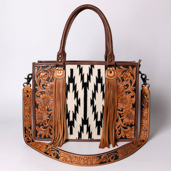 ADBG230 American Darling Hand Tooled Floral Western Leather Woven Saddle Blanket Tote Bag