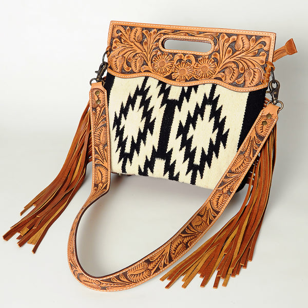ADBGS146 Aztec Wool & Tooled Leather Shoulder Bag - Western Fringe Crossbody