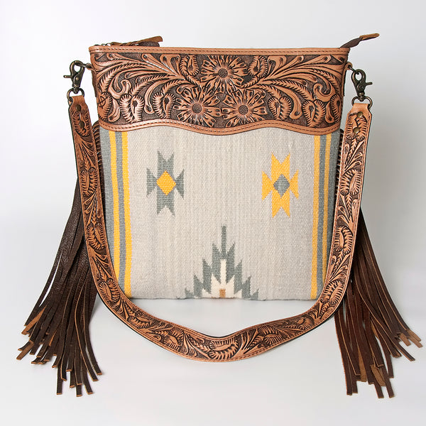 ADBG510 Tooled Leather & Saddle Blanket Crossbody Bag Western Fringe Purse - American Darling