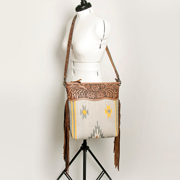 ADBG510 Tooled Leather & Saddle Blanket Crossbody Bag Western Fringe Purse - American Darling