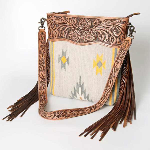 ADBG510 Tooled Leather & Saddle Blanket Crossbody Bag Western Fringe Purse - American Darling