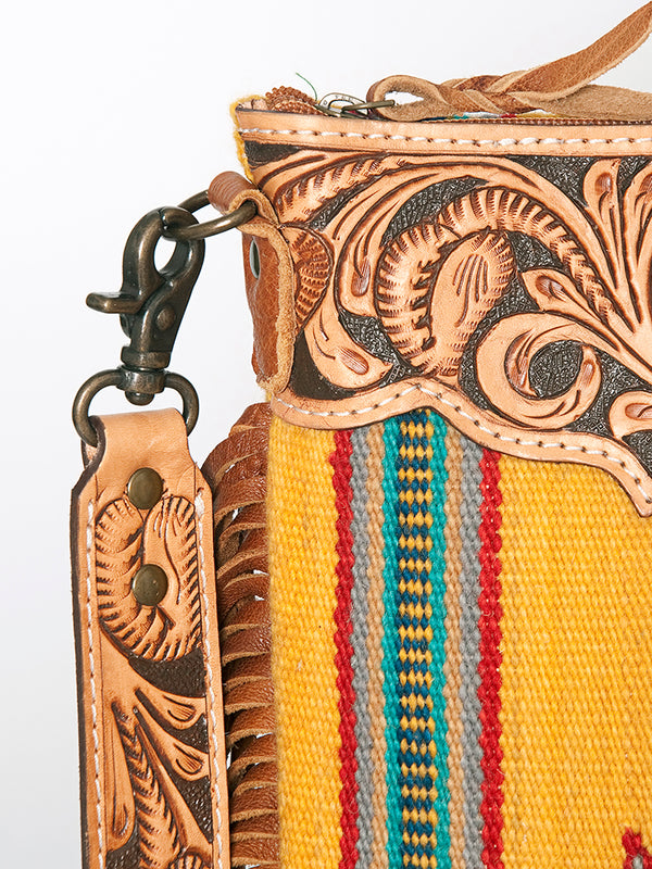 ADBG298 American Darling Large Cross body Bag - Hand Tooled Floral Leather & Woven Saddle Blanket Purse