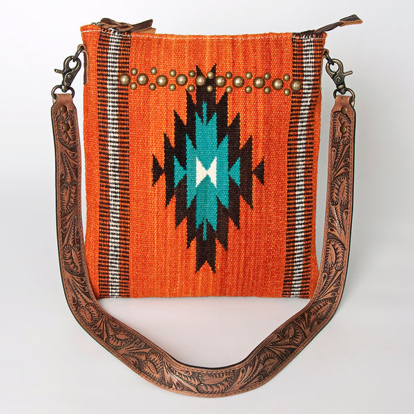 ADBG865 Orange Southwestern Saddle Blanket Crossbody Bag with Tooled Leather Strap & Stud Accents