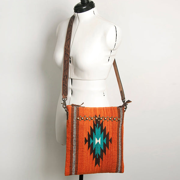 ADBG865 Orange Southwestern Saddle Blanket Crossbody Bag with Tooled Leather Strap & Stud Accents