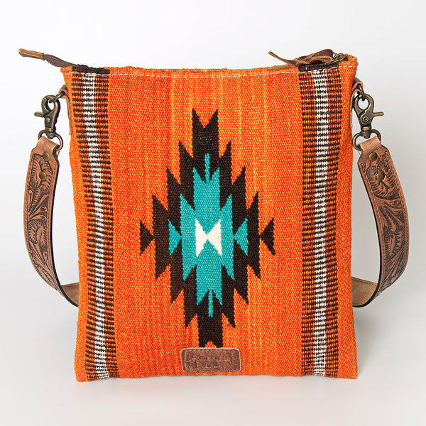 ADBG865 Orange Southwestern Saddle Blanket Crossbody Bag with Tooled Leather Strap & Stud Accents