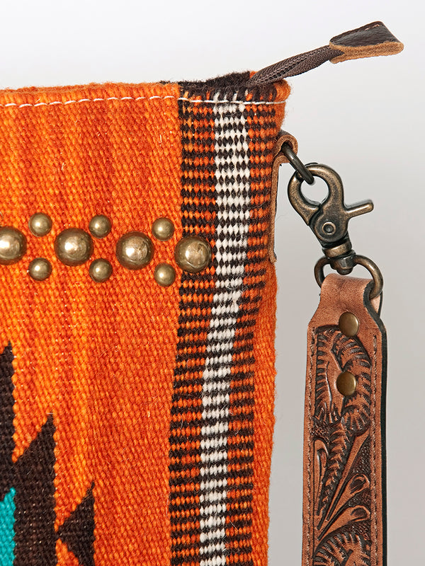 ADBG865 Orange Southwestern Saddle Blanket Crossbody Bag with Tooled Leather Strap & Stud Accents