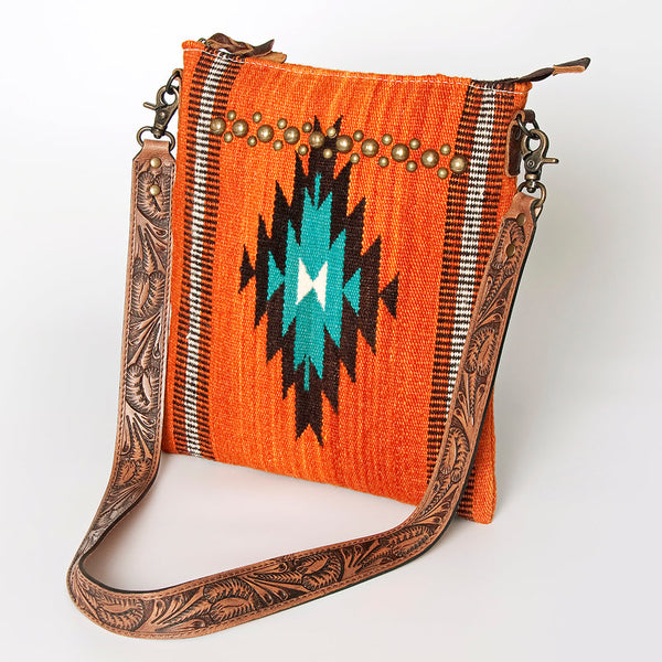 ADBG865 Orange Southwestern Saddle Blanket Crossbody Bag with Tooled Leather Strap & Stud Accents