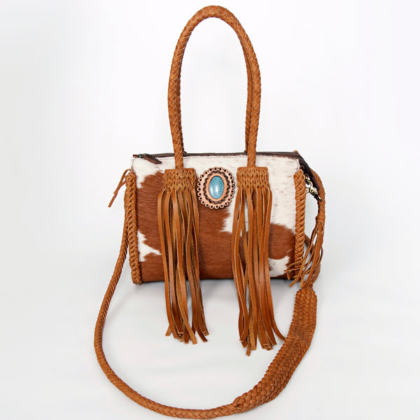 ADBGD131 American Darling Handcrafted Hair-On Cowhide Speedy Bag with Turquoise Stone & Fringes