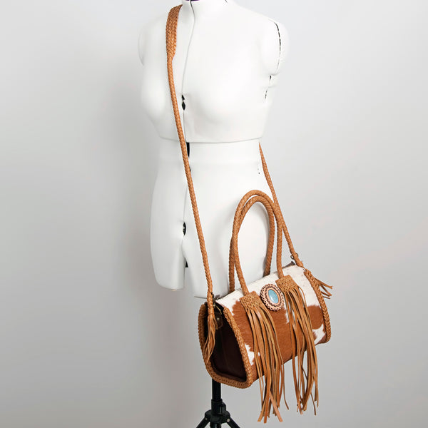 ADBGD131 American Darling Handcrafted Hair-On Cowhide Speedy Bag with Turquoise Stone & Fringes