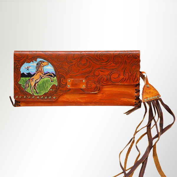 ADBGM136 Cowgirl Hand-Painted Leather Clutch - Western Art with Fringe and Stud Detail