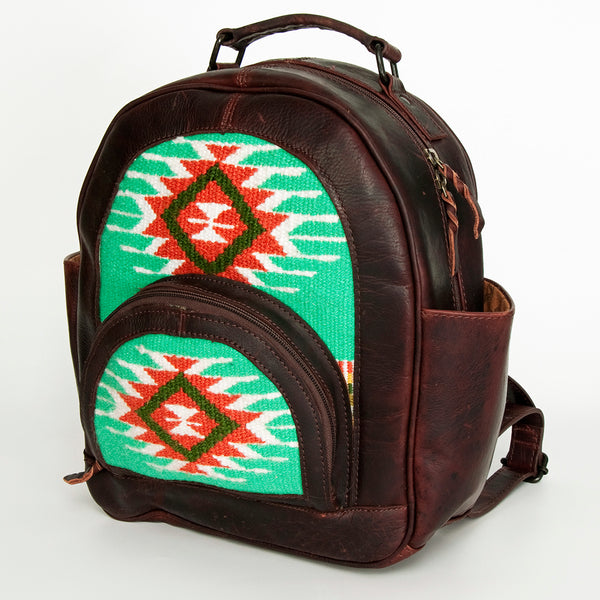 LC-ADBGZ631A Handwoven Wool & Genuine Leather Western Backpack - Tribal Turquoise Design