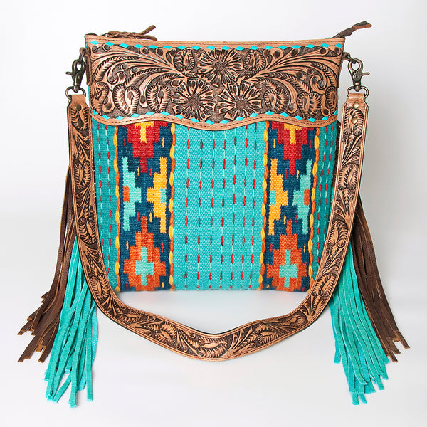 ADBG510 American Darling Tooled Leather & Saddle Blanket Crossbody Bag Western Fringe Purse