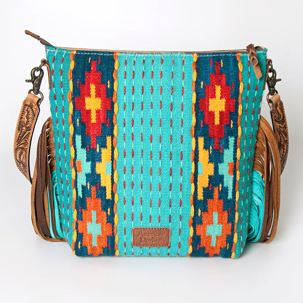 ADBG510 American Darling Tooled Leather & Saddle Blanket Crossbody Bag Western Fringe Purse