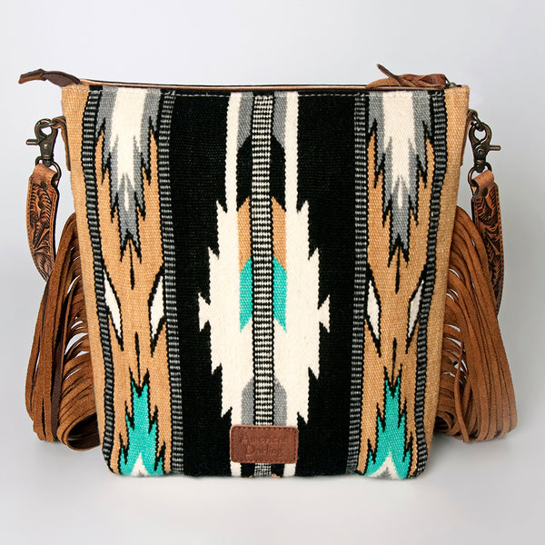 ADBG510 Tooled Leather & Saddle Blanket Crossbody Bag Western Fringe Purse by American Darling