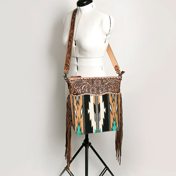 ADBG510 Tooled Leather & Saddle Blanket Crossbody Bag Western Fringe Purse by American Darling
