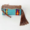 ADBG344 American Darling Aztec Saddle Blanket Tooled Leather Fringe Wristlet Clutch