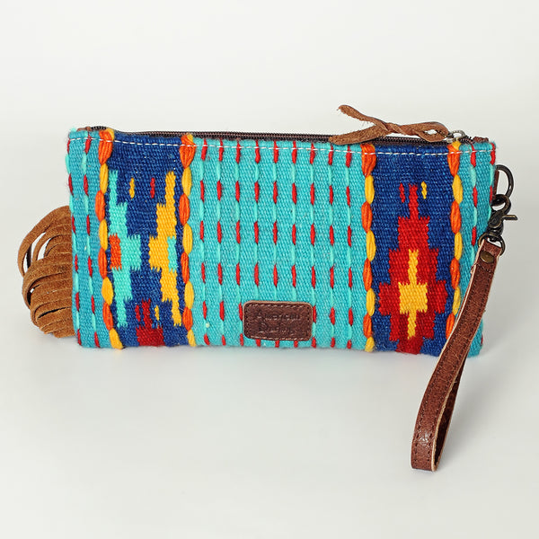 ADBG344 American Darling Aztec Saddle Blanket Tooled Leather Fringe Wristlet Clutch