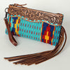 ADBG344 American Darling Aztec Saddle Blanket Tooled Leather Fringe Wristlet Clutch