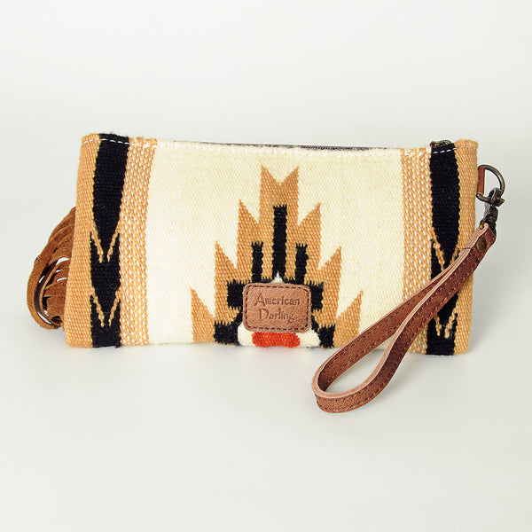 ADBG344 American Darling Aztec Saddle Blanket Tooled Leather Fringe Wristlet Clutch