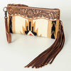 ADBG344 American Darling Aztec Saddle Blanket Tooled Leather Fringe Wristlet Clutch