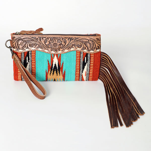 ADBG344 American Darling Aztec Saddle Blanket Tooled Leather Fringe Wristlet Clutch