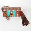 ADBG344 American Darling Aztec Saddle Blanket Tooled Leather Fringe Wristlet Clutch