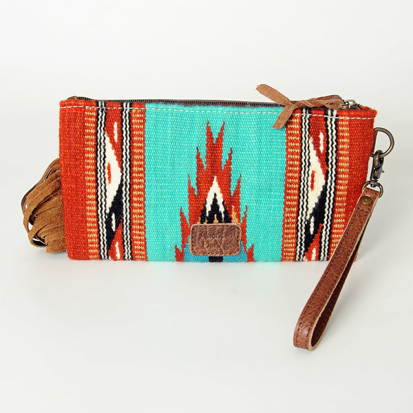 ADBG344 American Darling Aztec Saddle Blanket Tooled Leather Fringe Wristlet Clutch