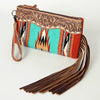 ADBG344 American Darling Aztec Saddle Blanket Tooled Leather Fringe Wristlet Clutch