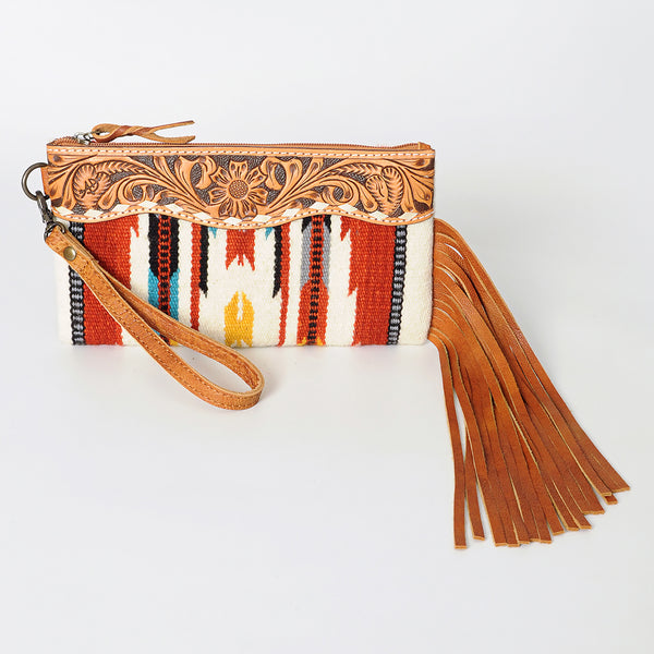ADBG344 American Darling Aztec Saddle Blanket Tooled Leather Fringe Wristlet Clutch