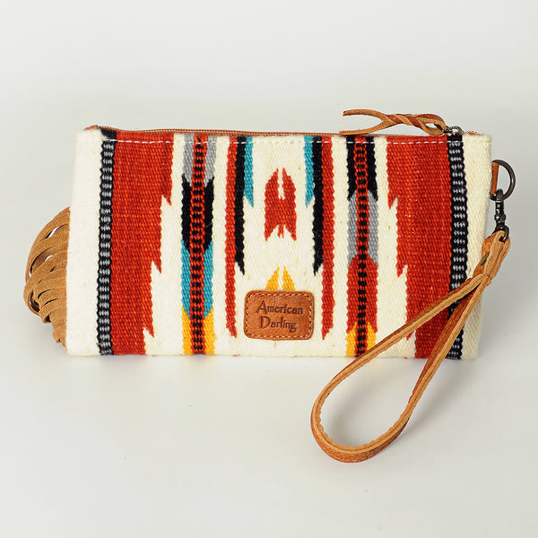 ADBG344 American Darling Aztec Saddle Blanket Tooled Leather Fringe Wristlet Clutch