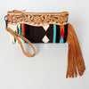 ADBG344 American Darling Aztec Saddle Blanket Tooled Leather Fringe Wristlet Clutch