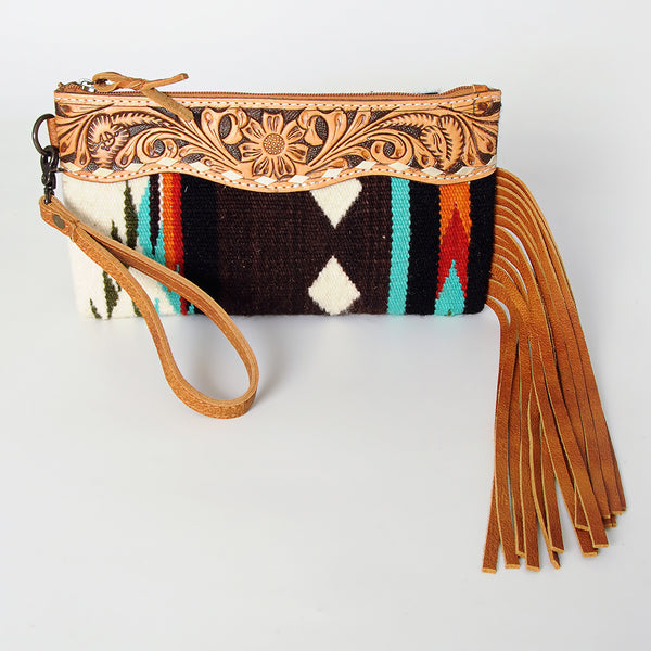 ADBG344 American Darling Aztec Saddle Blanket Tooled Leather Fringe Wristlet Clutch
