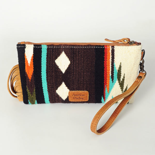 ADBG344 American Darling Aztec Saddle Blanket Tooled Leather Fringe Wristlet Clutch