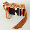 ADBG344 American Darling Aztec Saddle Blanket Tooled Leather Fringe Wristlet Clutch
