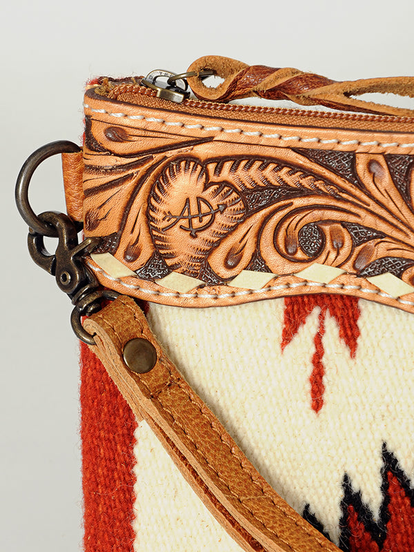 ADBG344 American Darling Aztec Saddle Blanket Tooled Leather Fringe Wristlet Clutch