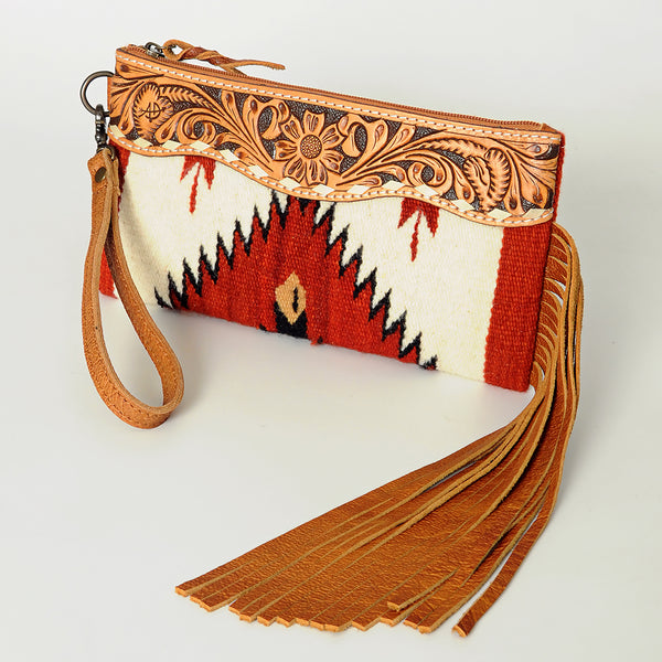 ADBG344 American Darling Aztec Saddle Blanket Tooled Leather Fringe Wristlet Clutch